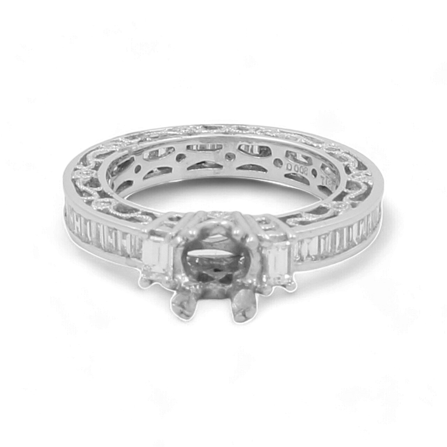 Introducing the Miral Jewelry 14K White Gold Bridal Woman's Ring with Diamonds – a stunning silver ring boasting an intricate design, adorned with small rectangular-cut diamonds encircling the band and highlighting a central stone set in the middle.