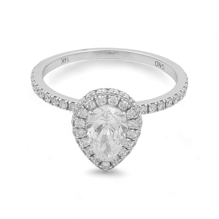 The Miral Jewelry 14K White Gold Bridal Woman's Ring with Diamonds features a stunning pear-shaped diamond surrounded by smaller diamonds on the band, making it the perfect addition to complete your wedding day ensemble.