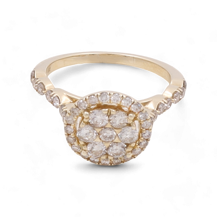 The Miral Jewelry 14K Yellow Gold Bridal Woman Ring features a central round cluster of diamonds, with additional diamonds set along the band.