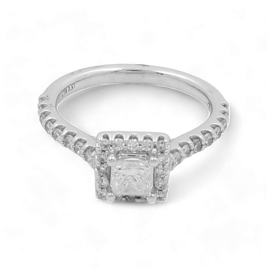 The Miral Jewelry 14K White Gold Bridal Woman Ring with Diamonds features a square-cut central diamond, surrounded by smaller diamonds and also adorning the band.