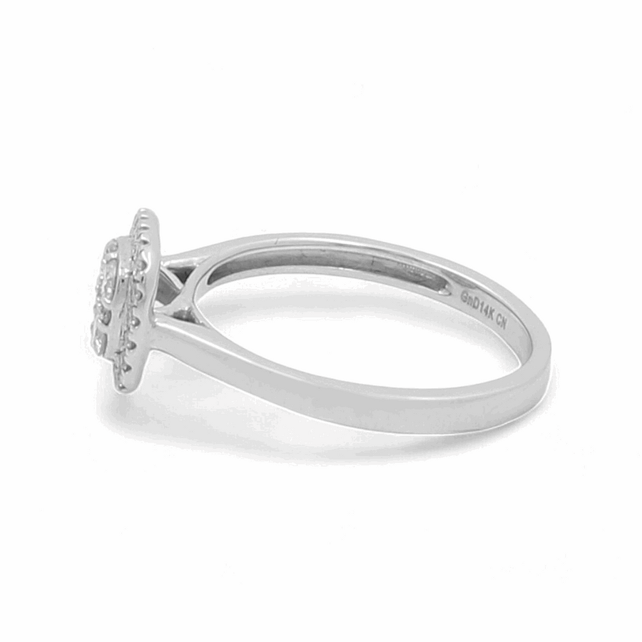 Side view of the Miral Jewelry 14K White Gold Bridal Woman Ring with Diamonds, showcasing a round, elevated cluster of small diamonds on top.