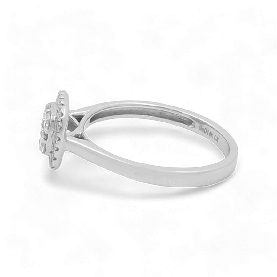 Side view of the Miral Jewelry 14K White Gold Bridal Woman Ring with Diamonds, showcasing a round, elevated cluster of small diamonds on top.