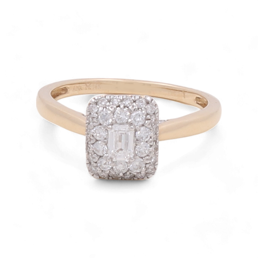 Introducing the Miral Jewelry 14K Yellow Gold Bridal Woman Ring with Diamonds, featuring a stunning rectangular cluster of small diamonds in the center—perfect for bridal jewelry.