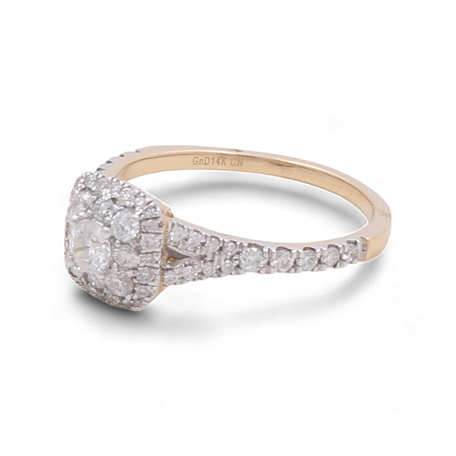 The Miral Jewelry 14K Yellow Gold Bridal Woman Ring with Diamonds features a luxurious design, showcasing a large central diamond surrounded by smaller diamonds beautifully set on the band.