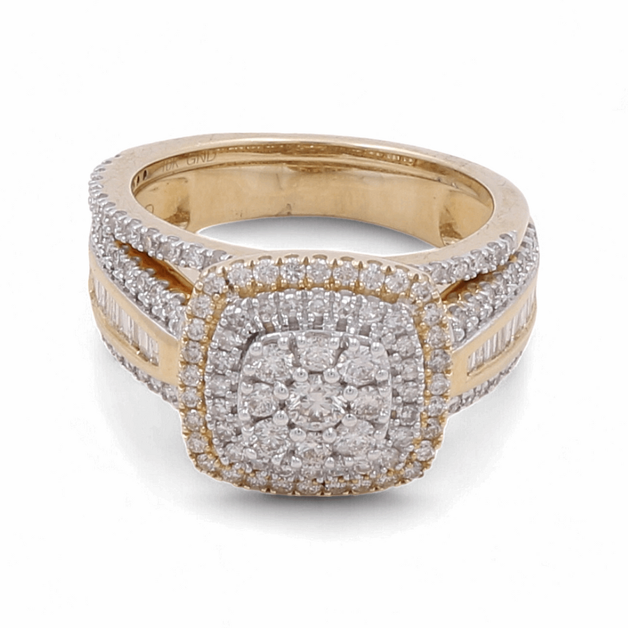 A stunning Miral Jewelry 10K Yellow Gold Bridal Woman Ring with Diamonds features a square, multi-layer diamond cluster setting and diamond accents along the band.