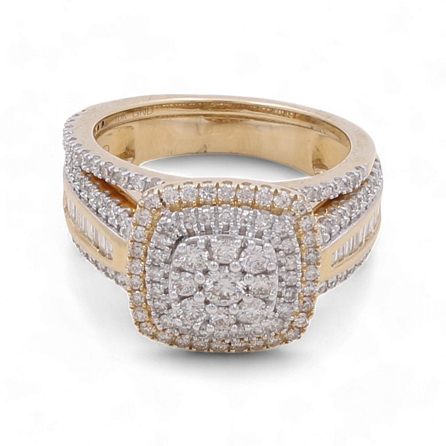 The Miral Jewelry 10K Yellow Gold Bridal Woman Ring with Diamonds showcases a stunning square cluster of small diamonds on the face and is adorned with additional diamonds encrusted along the band.