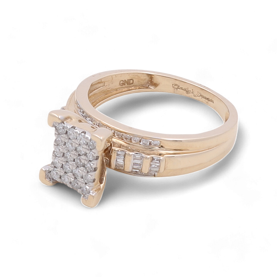 The Miral Jewelry 10K Yellow Gold Bridal Woman Ring showcases a stunning square cluster of dazzling diamonds on top, complemented by additional diamond accents adorning the band.