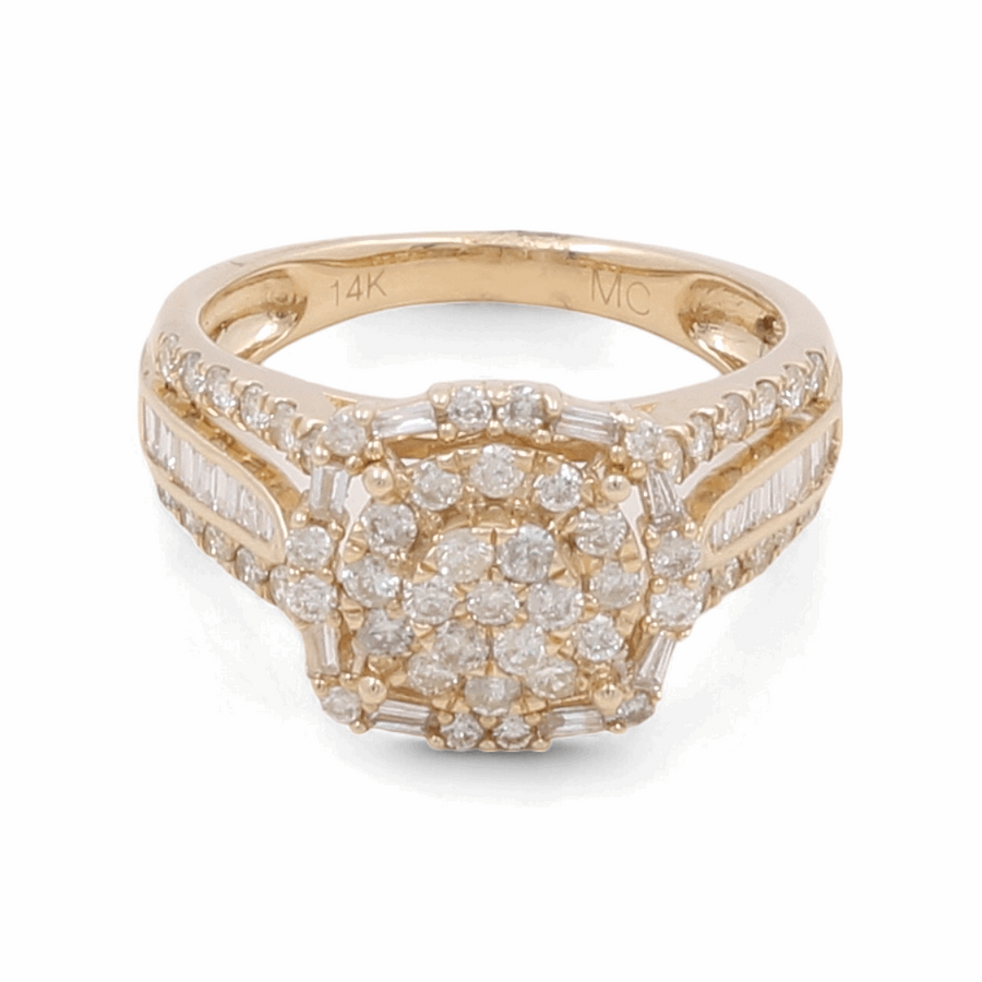 Introducing the 14K Yellow Gold Bridal Woman Ring with Diamonds by Miral Jewelry, featuring a cluster of small round diamonds at the center, flanked by two rows of rectangular diamonds on either side. This exquisite piece is crafted from 14 karat gold and is part of an elegant bridal set.