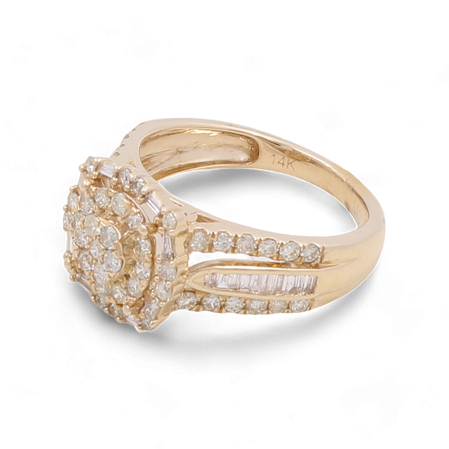 Miral Jewelry's 14K Yellow Gold Bridal Woman Ring features multiple small diamonds arranged in a circular cluster on the top and along the band.