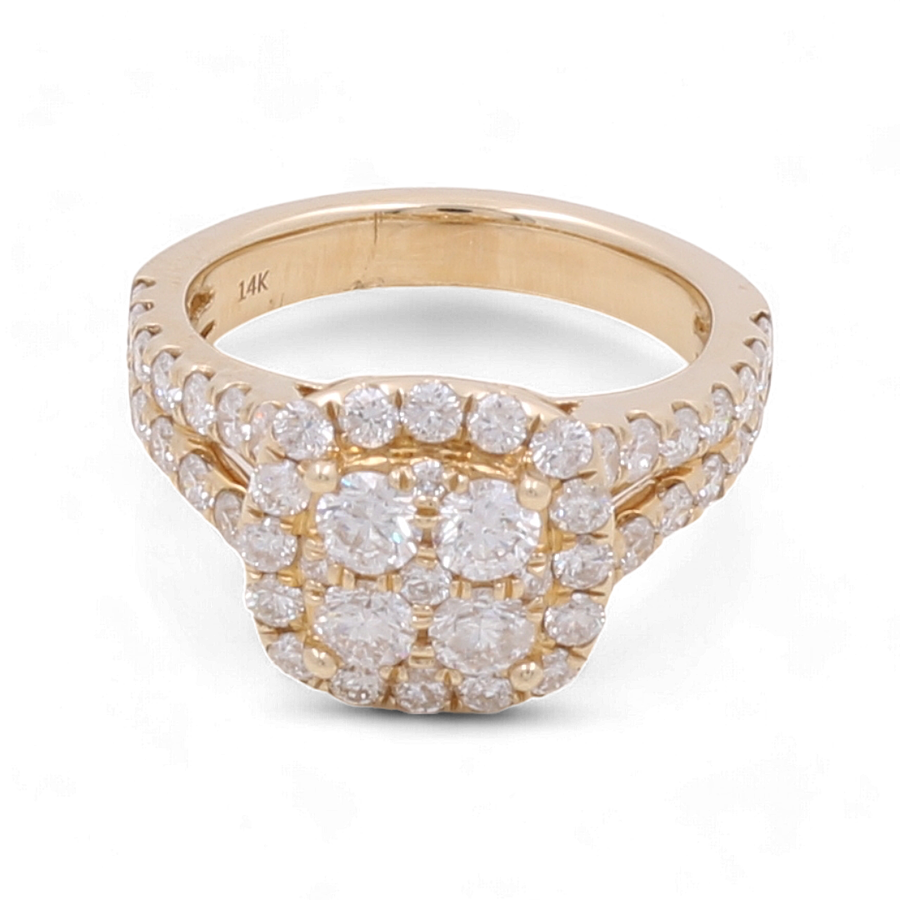 The Miral Jewelry 14K Yellow Gold Bridal Woman Ring with Diamonds showcases a square cluster of multiple small diamonds, complemented by additional diamonds along the band.