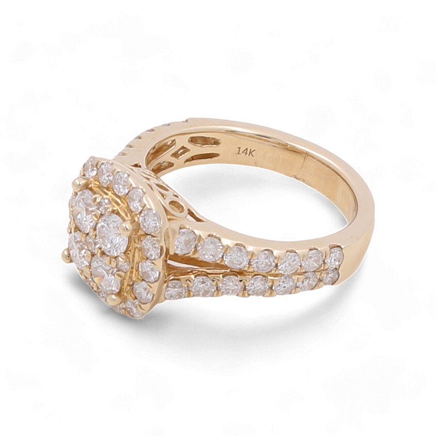 Miral Jewelry presents the 14K Yellow Gold Bridal Woman Ring with Diamonds, featuring a stunning diamond cluster center and sparkling diamond accents on the band, engraved with "14K".