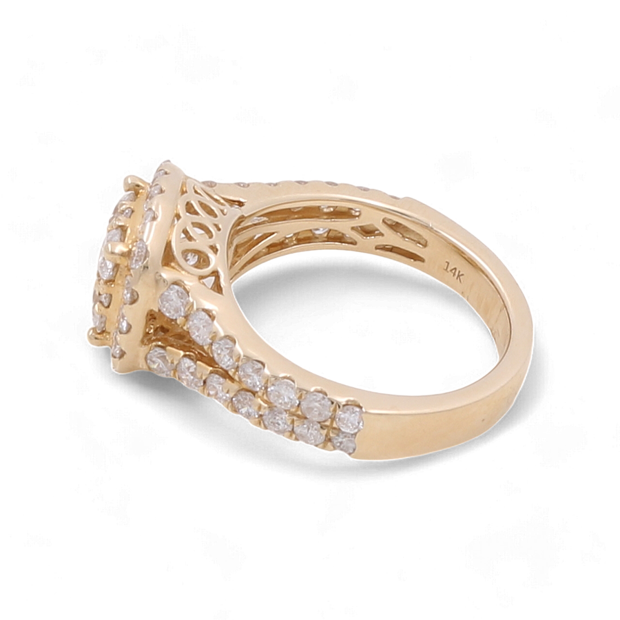 A Miral Jewelry 14K Yellow Gold Bridal Woman Ring with intricate detailing, encrusted with multiple small diamonds.