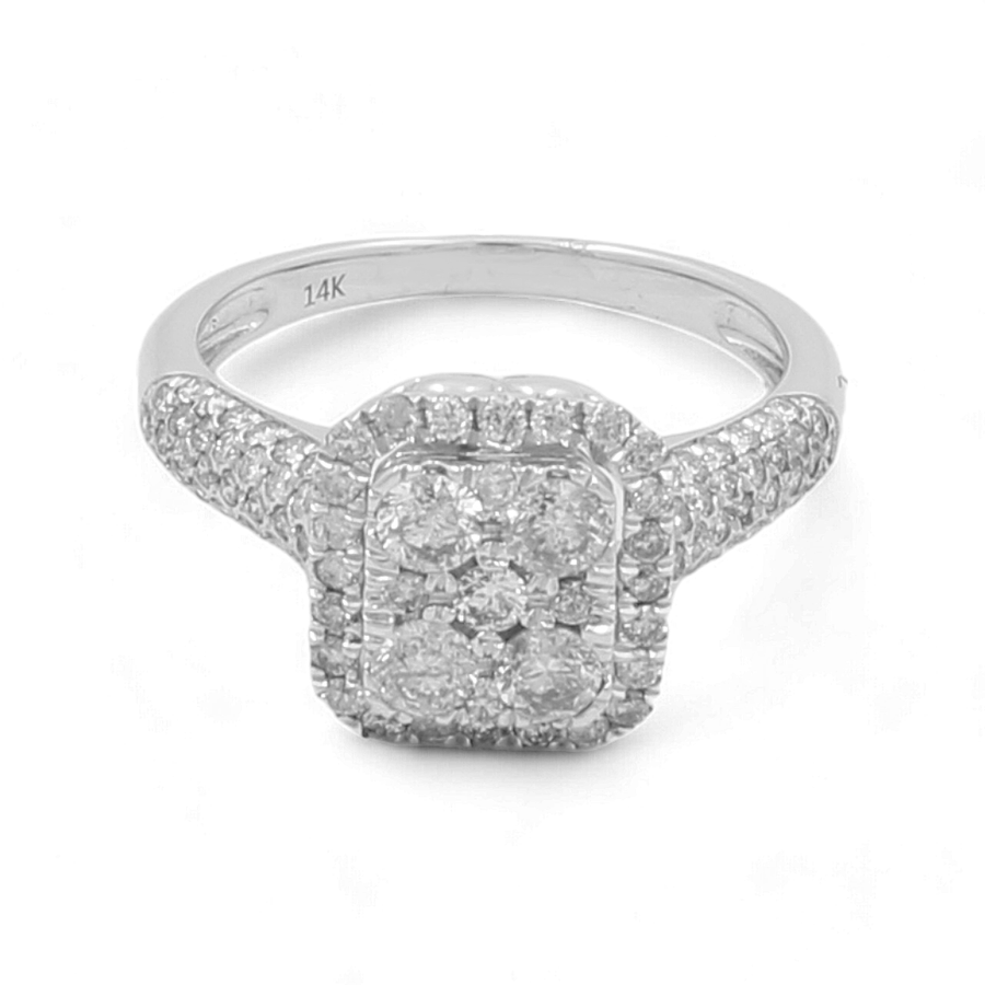 Miral Jewelry presents the 14K White Gold Bridal Woman Ring with Diamonds, showcasing a certified quality square cluster setting adorned with multiple small diamonds along both the band and the setting.