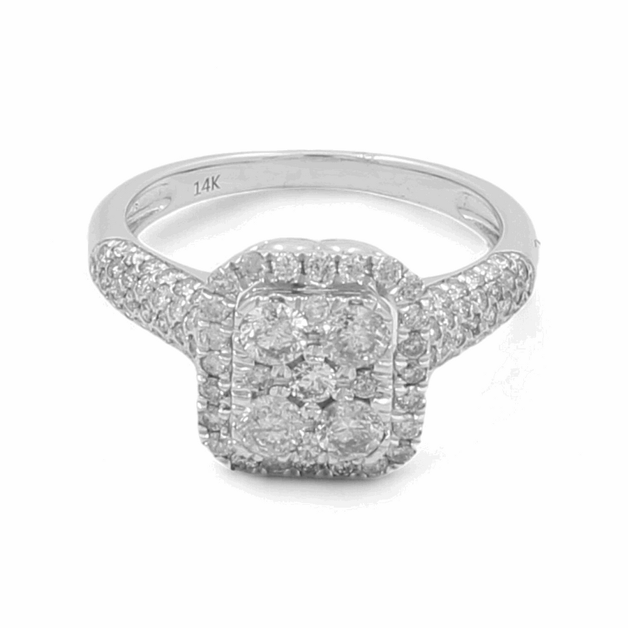 Miral Jewelry presents the 14K White Gold Bridal Woman Ring with Diamonds, showcasing a certified quality square cluster setting adorned with multiple small diamonds along both the band and the setting.