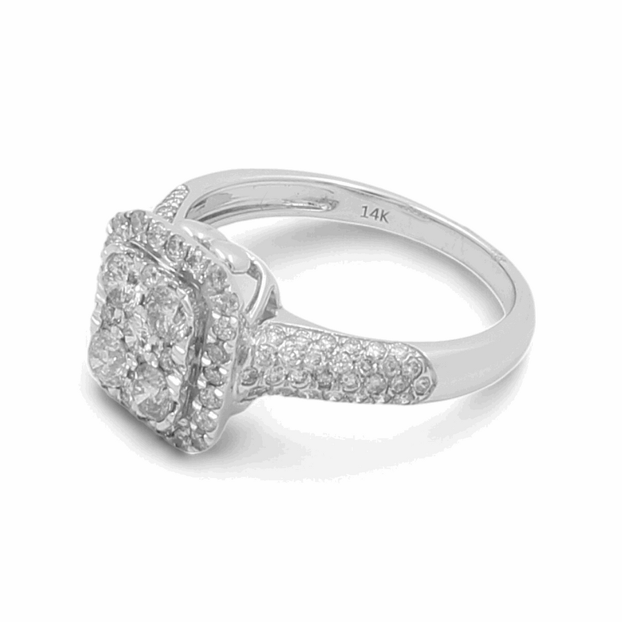 Miral Jewelry's certified 1 Ct Diamond Bridal Set showcases a beautiful engagement ring made from 14K white gold, featuring a square halo setting and numerous small diamonds along the band.