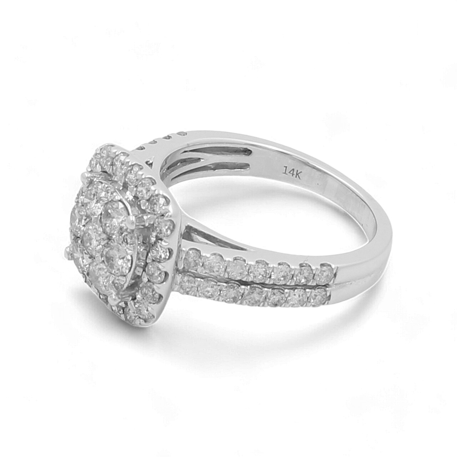 Introducing the Miral Jewelry 14K White Gold Bridal Woman Ring, adorned with a square cluster of round-cut diamonds and enhanced with additional diamonds along the band.