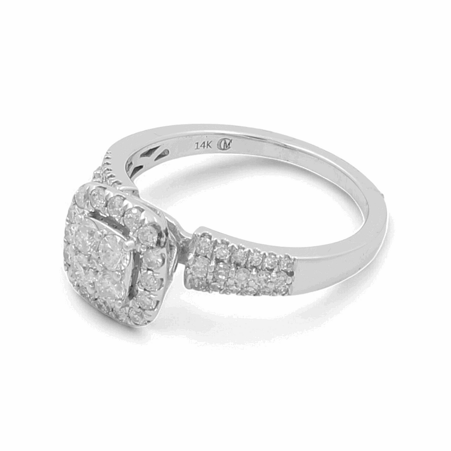 Introducing the Miral Jewelry 14K White Gold Bridal Woman Ring with Diamonds: a stunning bridal ring crafted in 14K white gold, featuring a square diamond cluster, with additional small diamonds adorning the band.