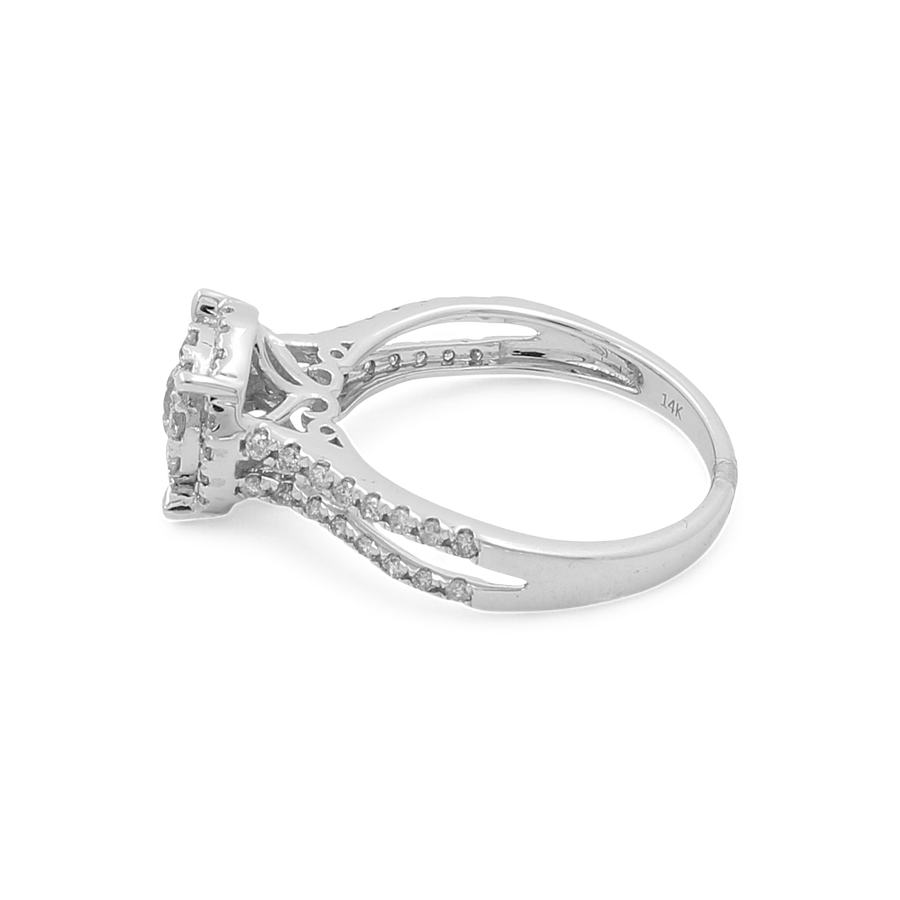 Side view of the Miral Jewelry 14K White Gold Women's Contemporary Engagement Ring, showcasing a square halo design with small round diamonds encrusted along the band, creating a modern engagement ring look.