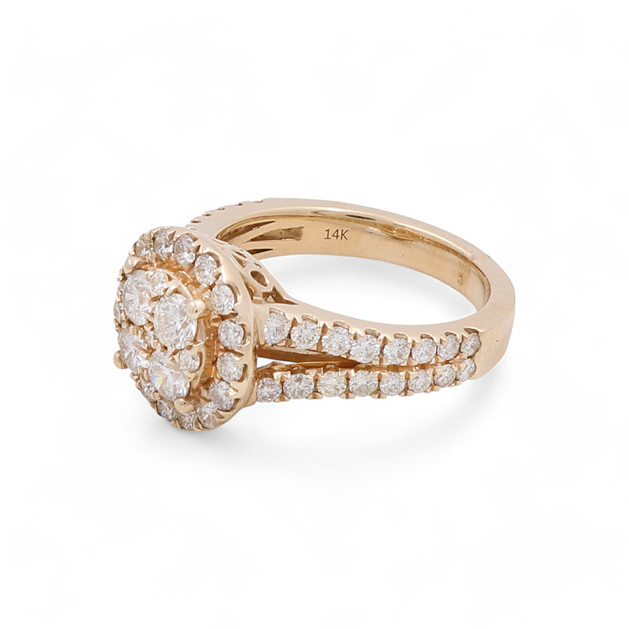 Miral Jewelry's 14K Yellow Gold Women's Contemporary Diamond Engagement Ring features a breathtaking round diamond cluster at the center, complemented by smaller diamonds encrusting the band, with a total weight of 1.87 TW round diamonds.