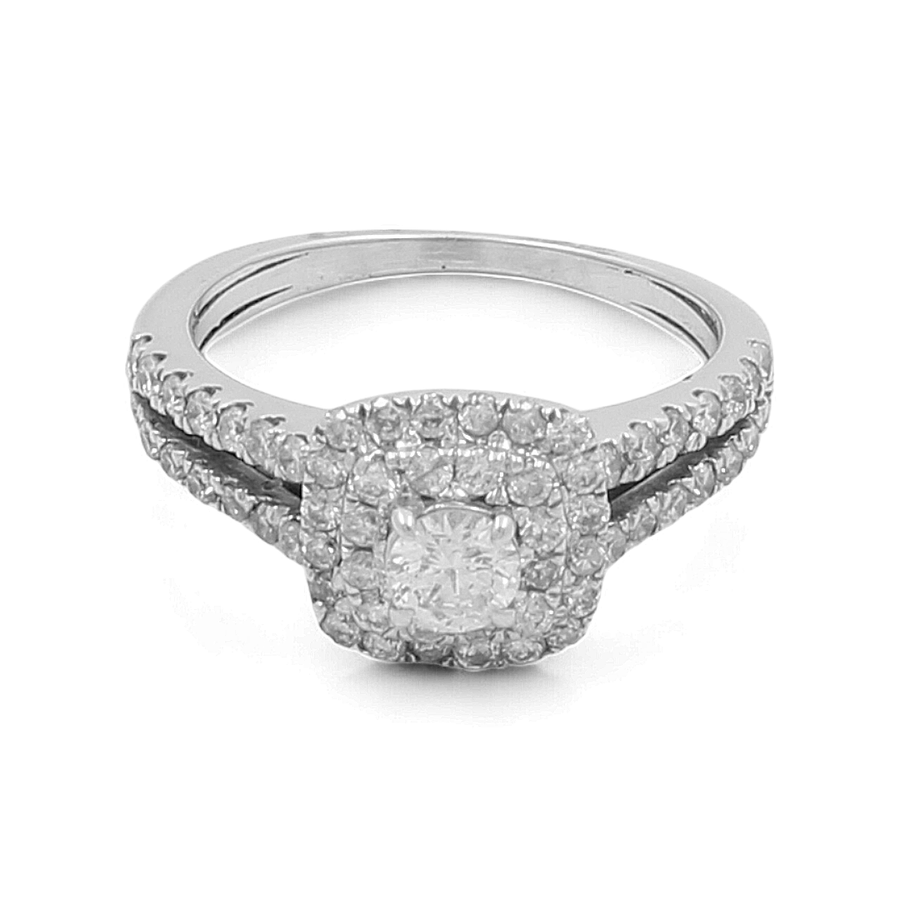 A stunning Miral Jewelry Bridal Woman Ring featuring a large central diamond surrounded by smaller diamonds on the band and setting, crafted in 14K White Gold.