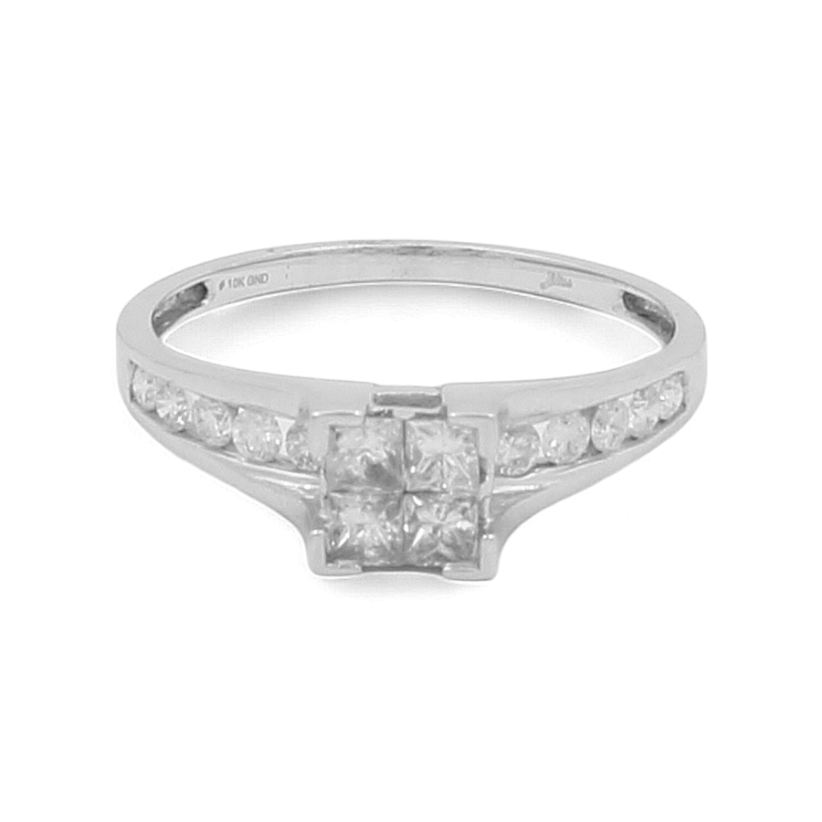 The 10K White Gold Bridal Woman Ring with Diamonds by Miral Jewelry epitomizes elegant jewelry, featuring a central square-shaped diamond flanked by smaller round diamonds along the band.