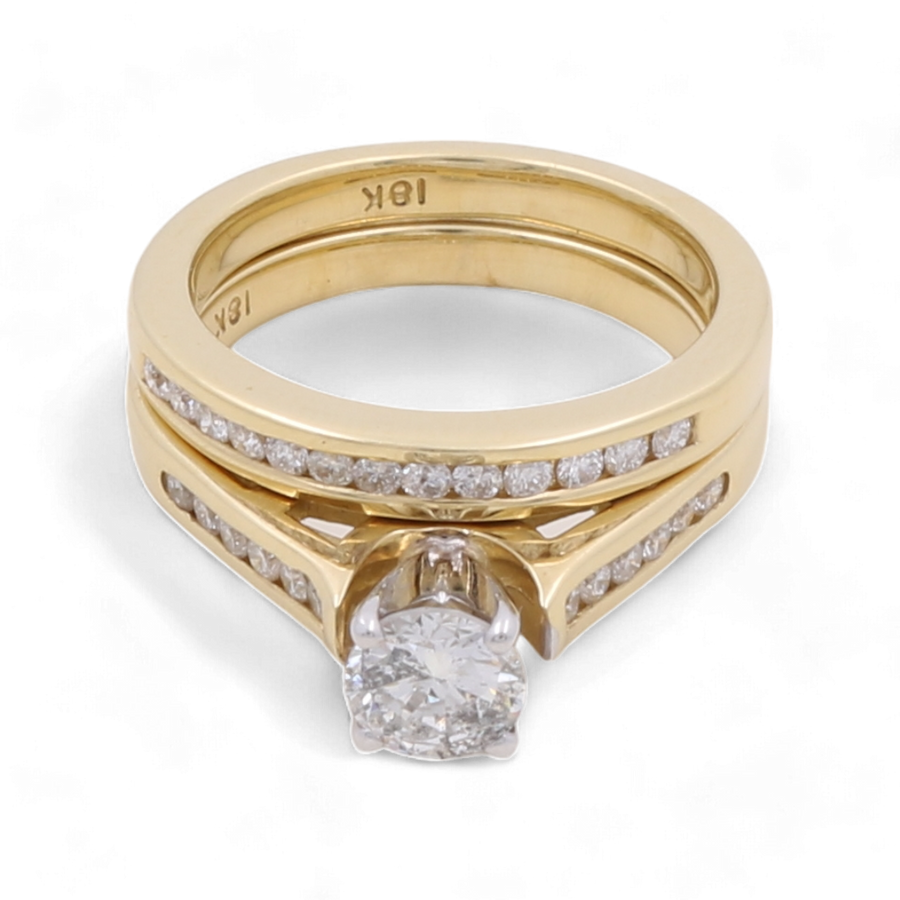 The Miral Jewelry 10K Yellow Gold Bridal Woman Ring with Diamonds features a round diamond centerpiece and smaller embedded diamonds on the bands, making it perfect for the bride-to-be.