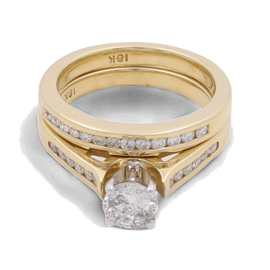 The Miral Jewelry 10K Yellow Gold Bridal Woman Ring with Diamonds features a round diamond centerpiece and smaller embedded diamonds on the bands, making it perfect for the bride-to-be.