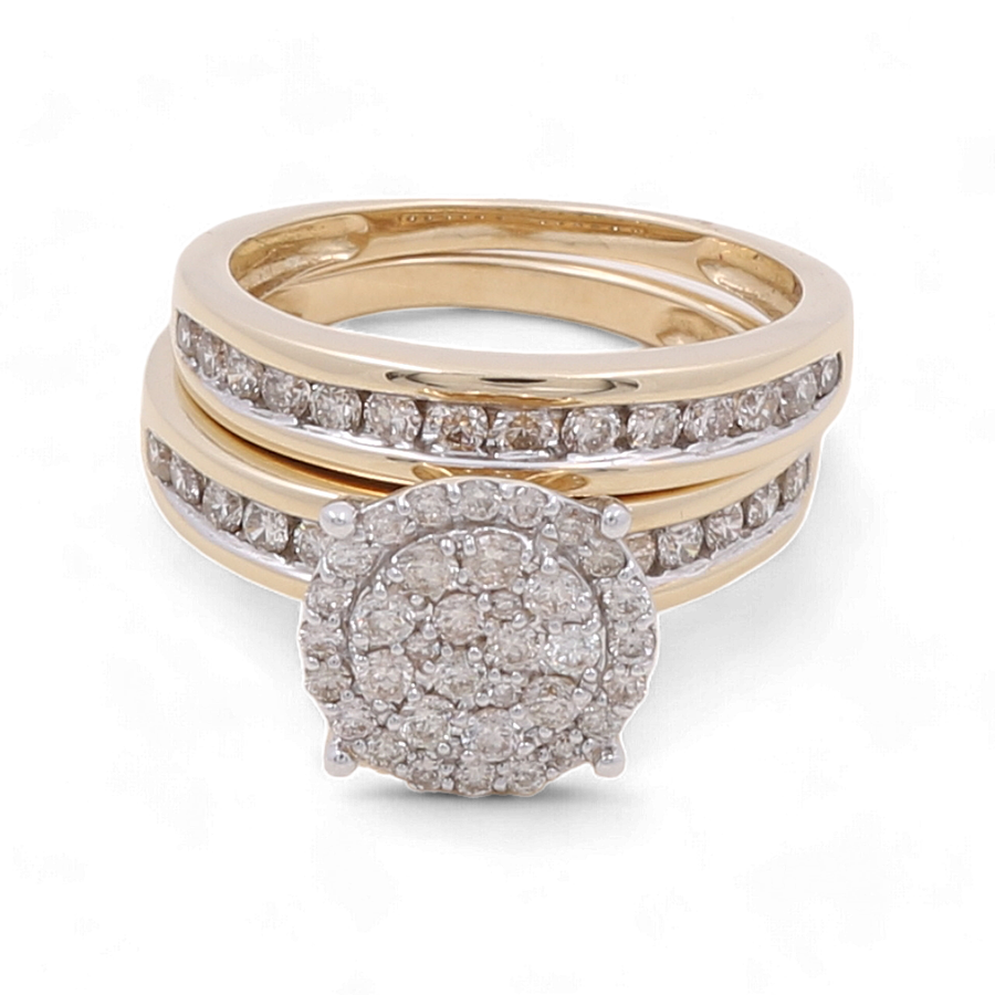 The Miral Jewelry 10K Yellow Gold Bridal Woman Ring with Diamonds is the perfect choice for an engagement ring and wedding band set. The engagement ring dazzles with a round diamond cluster, while the band sparkles with diamonds set along its length.