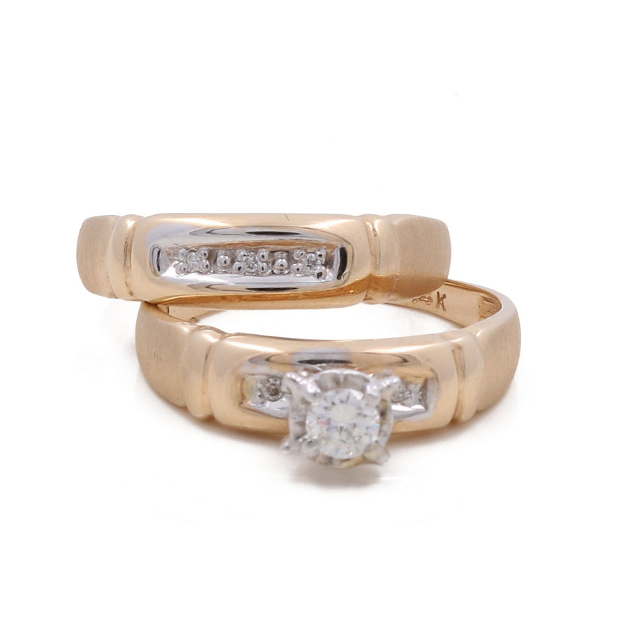 Miral Jewelry presents two stunning 14K Yellow Gold Bridal Woman Rings with Diamonds: the front ring features a prominent central diamond, while the back ring showcases a row of smaller gems, making them perfect for the bridal woman.