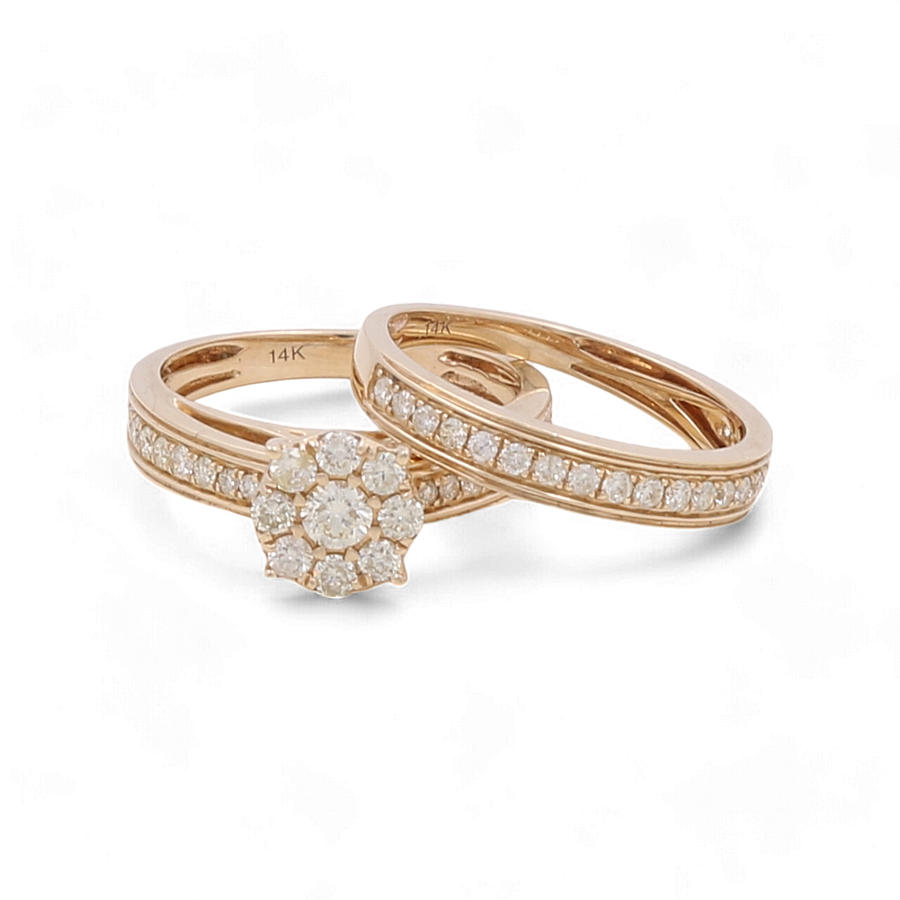 Two stunning gold rings are showcased: a Miral Jewelry 14K yellow gold bridal woman's ring with a floral diamond cluster and a 10K white gold bridal ring band with embedded diamonds.