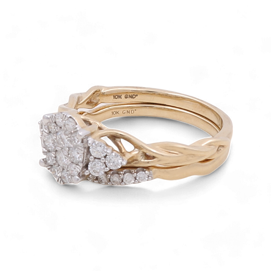 Presenting the Miral Jewelry 10K Yellow Gold Bridal Woman Ring, featuring a dazzling diamond cluster and an interwoven band design, perfect for a stunning engagement or bridal ring.