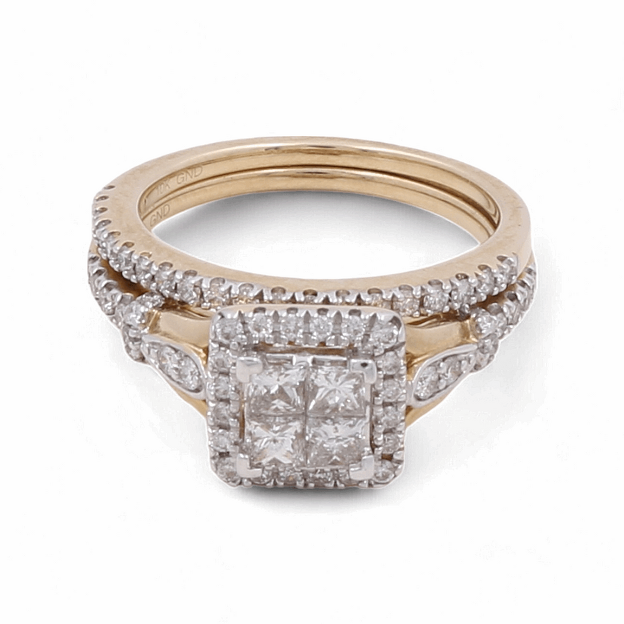 The 10K yellow gold bridal woman's ring with diamonds by Miral Jewelry, featuring a square diamond cluster surrounded by smaller diamonds and a matching diamond-studded band, exudes luxury.