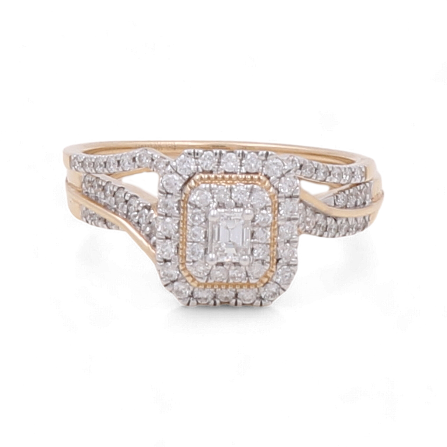 A timeless symbol of love, the 14K Yellow Gold Bridal Woman Ring with Diamonds by Miral Jewelry showcases a central square diamond surrounded by smaller diamonds. The split shank band, also adorned with diamonds, adds an extra touch of elegance.