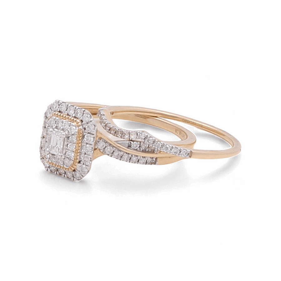 The Miral Jewelry 14K Yellow Gold Bridal Woman Ring with Diamonds and wedding band set showcases a square halo design, where small diamonds surround a larger central diamond, making it a timeless symbol of love.