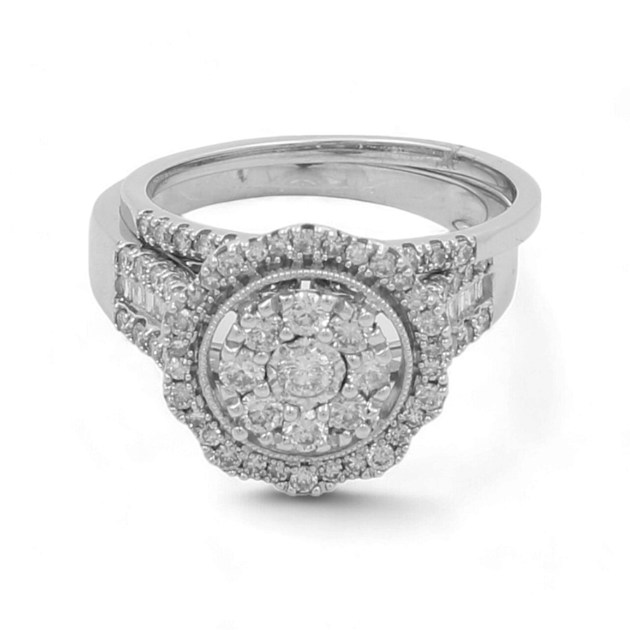 This exquisite 10K White Gold Bridal Woman Ring from Miral Jewelry features a central circular cluster of small diamonds, encircled by a halo of additional diamonds and complemented by baguette-cut diamonds on the band.