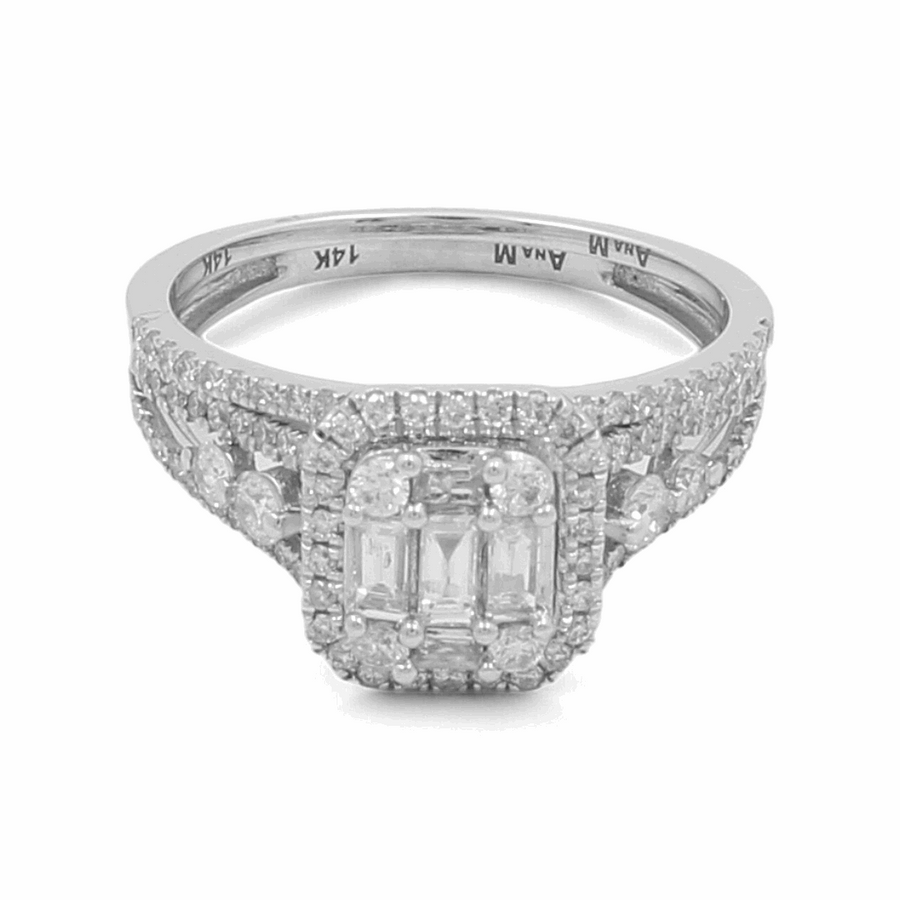 Introducing the Miral Jewelry 14K White Gold Bridal Woman Ring with Diamonds: this stunning piece features a large rectangular central stone surrounded by diamonds on the band. The inner band is elegantly adorned with inscriptions, making it a perfect choice for any bride.