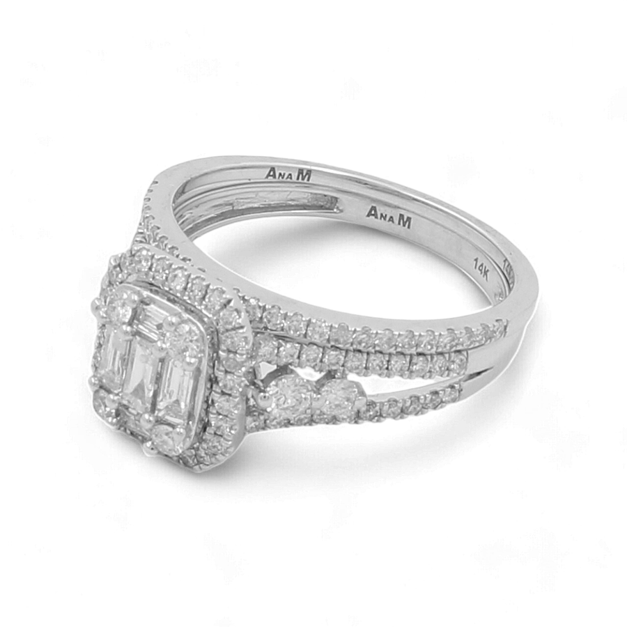 Introducing the Miral Jewelry 14K White Gold Bridal Woman Ring with Diamonds: a piece of timeless elegance, featuring a diamond-encrusted band and a rectangular diamond cluster centerpiece. The intricately detailed band is engraved with "Ana M" and "14K" on the inside, making it an exquisite addition to any bridal collection.