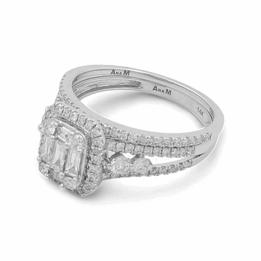 Introducing the Miral Jewelry 14K White Gold Bridal Woman Ring with Diamonds: a piece of timeless elegance, featuring a diamond-encrusted band and a rectangular diamond cluster centerpiece. The intricately detailed band is engraved with "Ana M" and "14K" on the inside, making it an exquisite addition to any bridal collection.