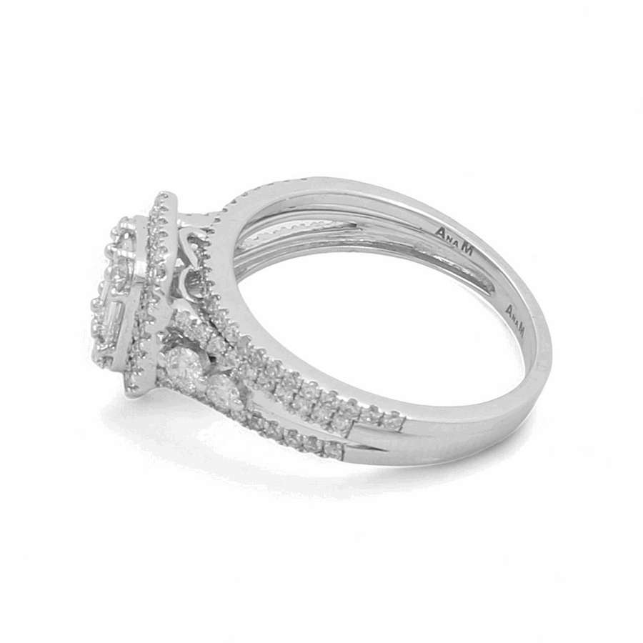 This exquisite 14K White Gold Bridal Woman Ring from Miral Jewelry features a large central diamond, surrounded by smaller diamonds on the top and band. The inner side is engraved with "Ana M," making it a perfect symbol of love and commitment.