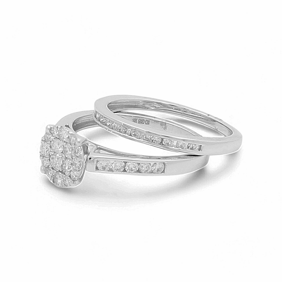 Two stunning Miral Jewelry bridal woman rings in silver, both featuring exquisite diamond settings. One is the 10K White Gold Bridal Woman Ring with Diamonds showcasing a square-shaped cluster of diamonds, while the other has a row of small diamonds elegantly set along the band.