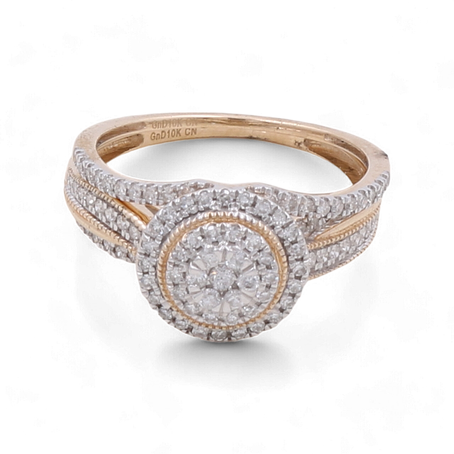 Introducing the Miral Jewelry 10K Yellow Gold Bridal Woman Ring with Diamonds, a luxurious piece featuring a round center diamond encircled by smaller diamonds, along with additional diamonds set elegantly along the band.