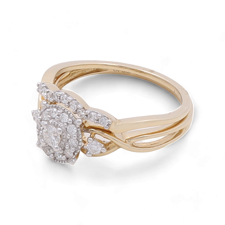 The 10K Yellow Gold Bridal Woman Ring with Diamonds by Miral Jewelry boasts a stunning central cluster of small diamonds arranged in a floral pattern. This timeless piece showcases fine craftsmanship, further enhanced by additional diamonds set on the twisted band.