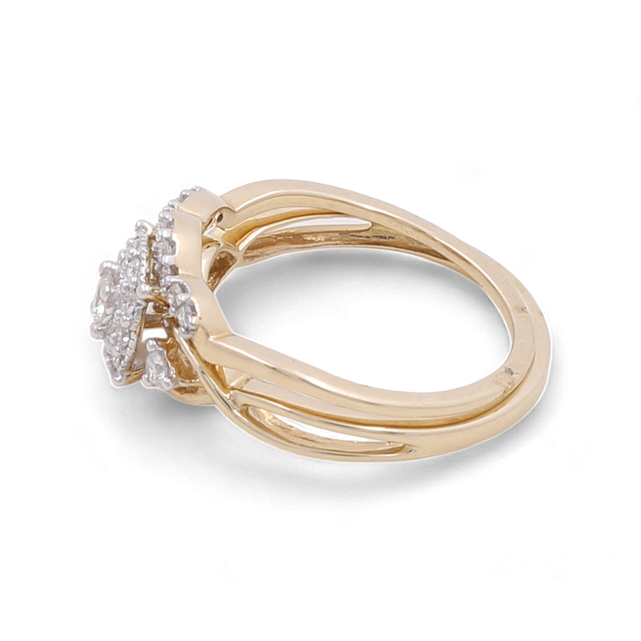 The Miral Jewelry 10K Yellow Gold Bridal Woman Ring with Diamonds features a detailed, multi-layered diamond cluster setting viewed from the side, showcasing exquisite fine craftsmanship.