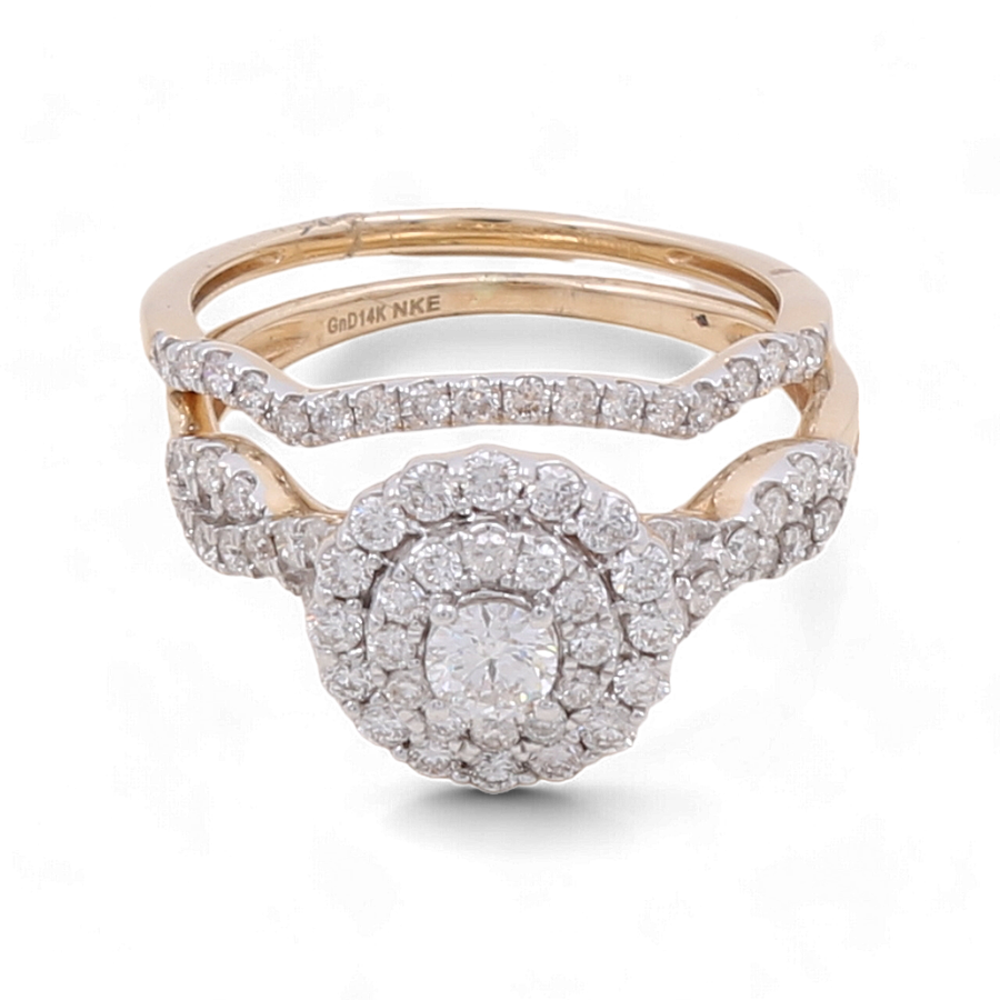 A stunning 14K yellow gold bridal ring from Miral Jewelry, adorned with diamonds, features a double band and a central circular cluster design—perfect for your wedding day.