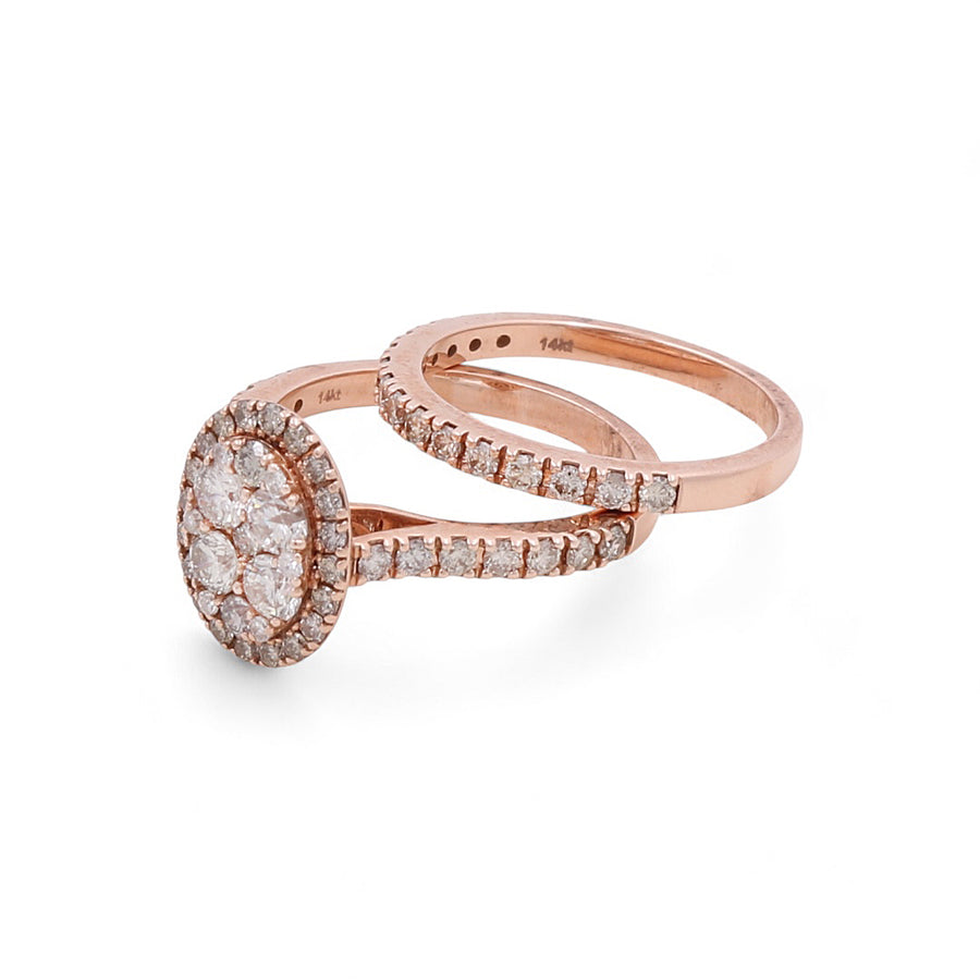 Two exquisite 14K rose gold bridal rings from Miral Jewelry: one featuring a large cluster of diamonds in an oval shape with a diamond band, and the other a simple band adorned with small diamonds.