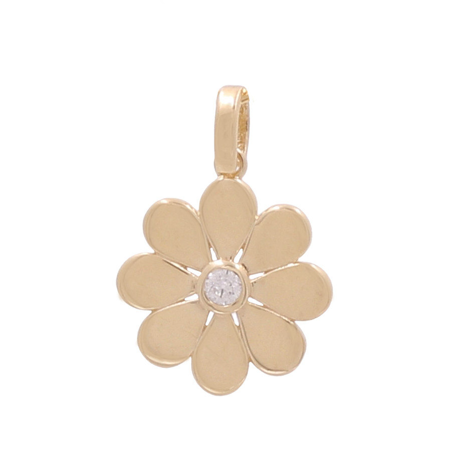 The Miral Jewelry 10K Yellow Gold Flower Pendant with eight petals and a small central gemstone, featuring a top loop for attaching to a chain. This elegant accessory boasts a unique design that captures attention effortlessly.