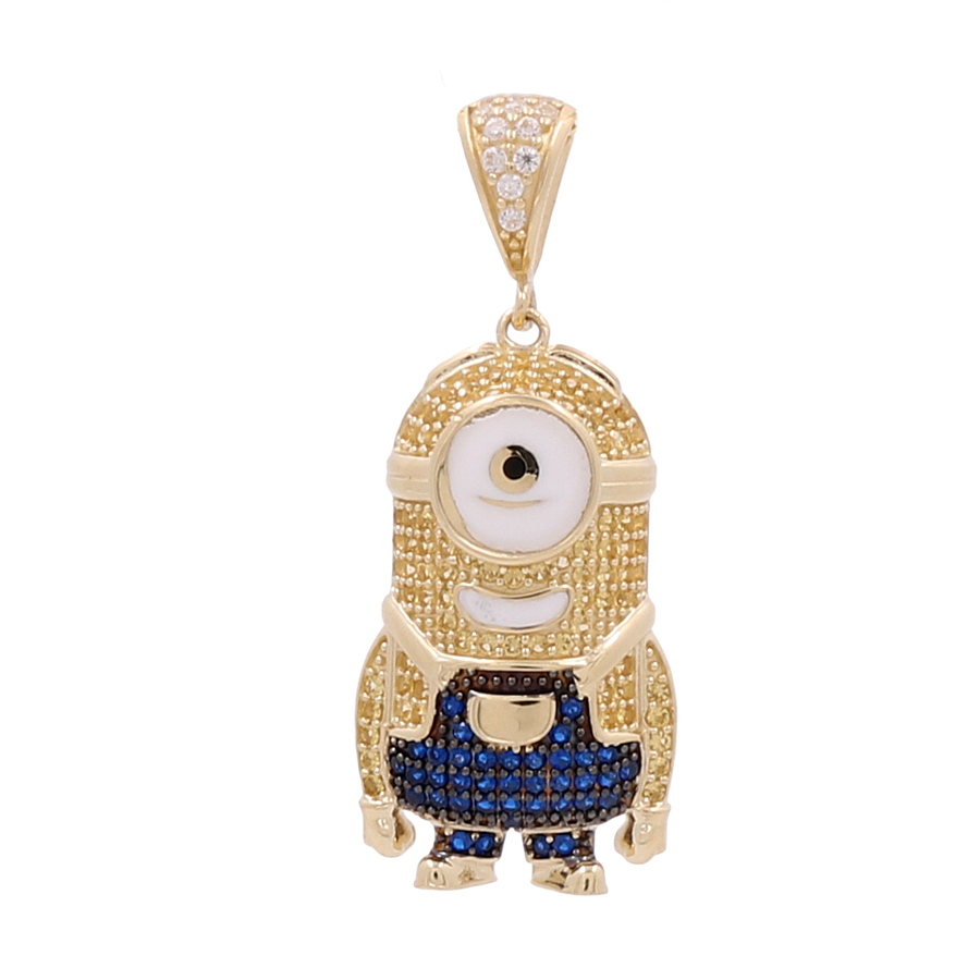 A Miral Jewelry 10K Yellow Gold Minion Pendant with Color Stones, adorned with colorful stones in white, blue, and clear gemstones.