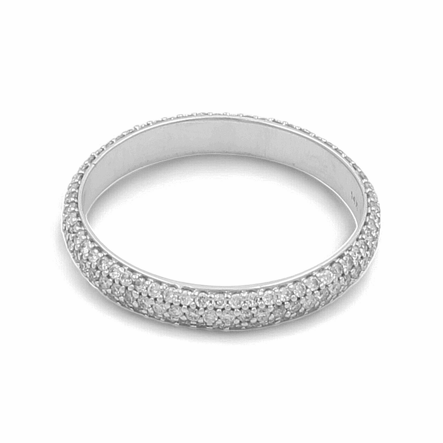 A breathtaking 14K White Gold Bridal Woman Ring by Miral Jewelry, featuring three rows of dazzling, small diamonds.