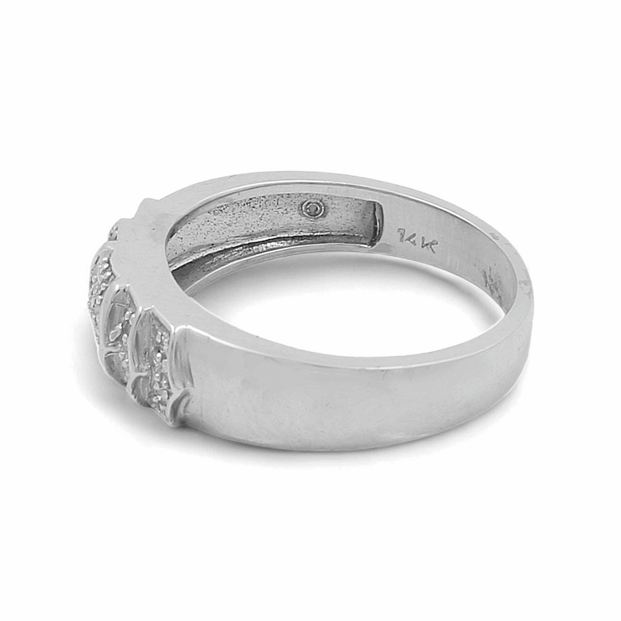 The Miral Jewelry 14K White Gold Bridal Men Ring with Diamonds features three clear diamonds set in a row on the front, with an inner band engraved with "14K.