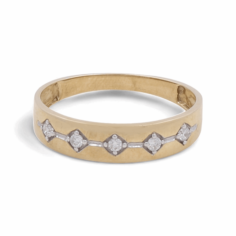 The Miral Jewelry 10K Yellow Gold Bridal Men Ring with Diamonds features a row of five small diamond settings in diamond-shaped bezels along the center.